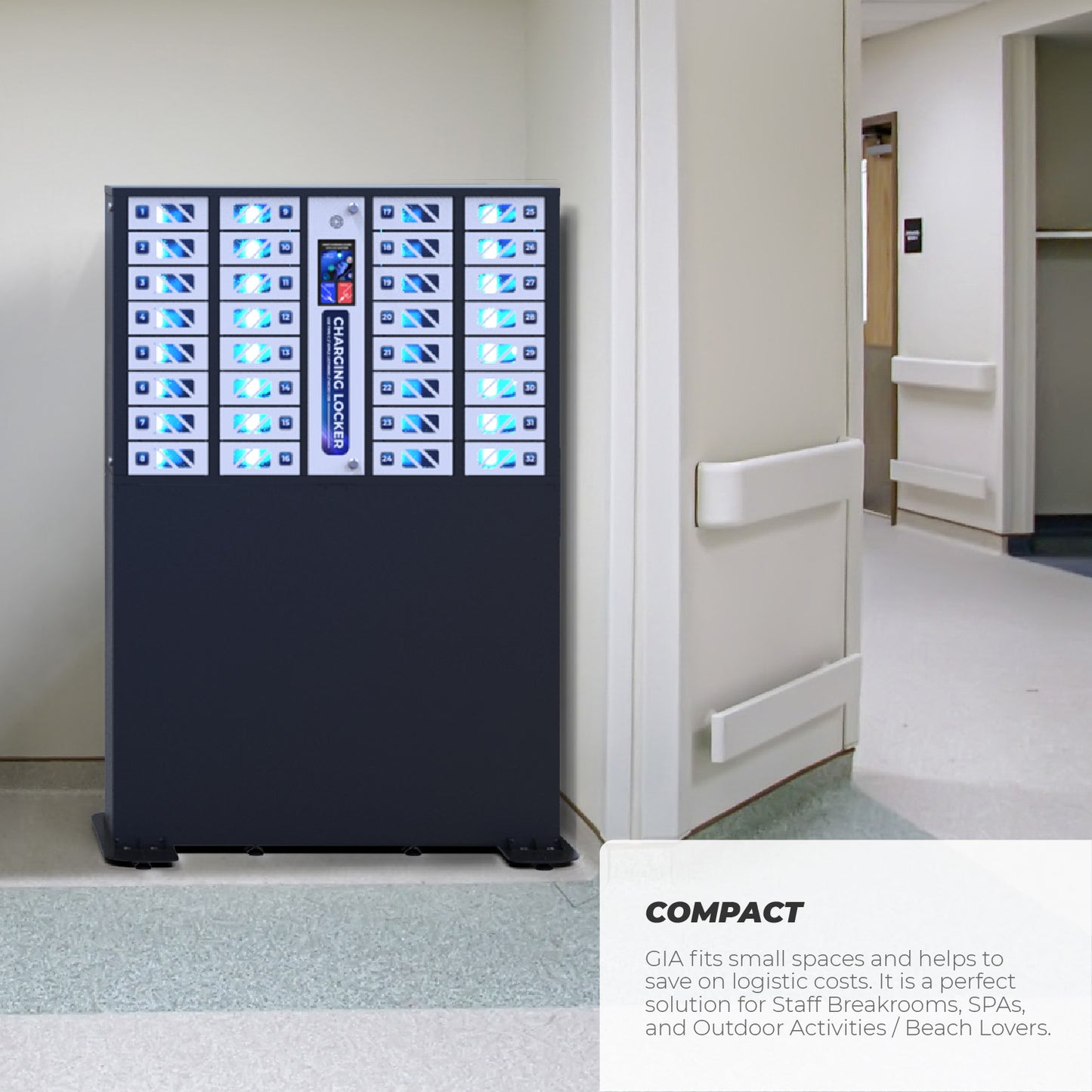 GIA 32 Bay Touchscreen Cell Phone Charging Locker with Full Base Floor Stand