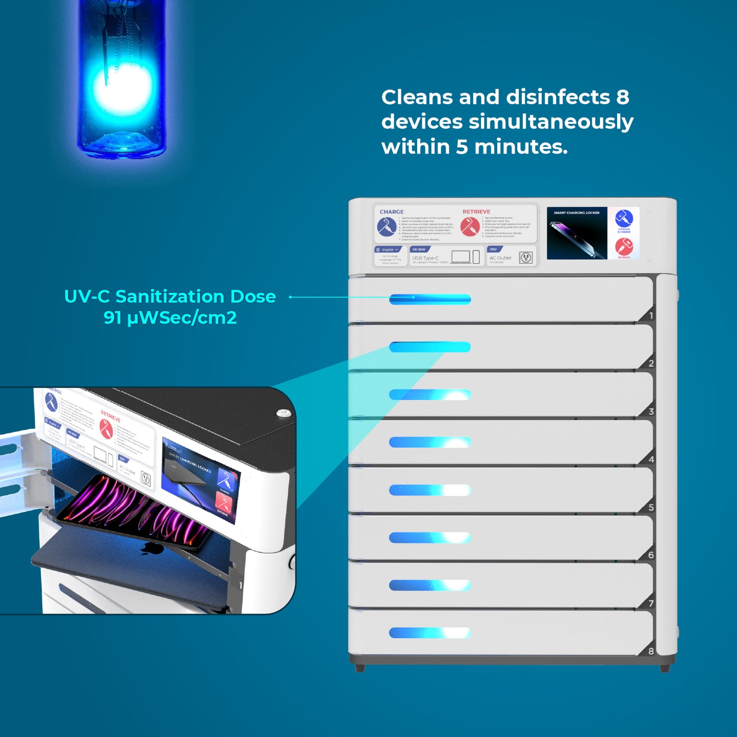 VOX Ultra 8 Bay UV-C Sanitizing & Charging Locker for Laptops and Tablets