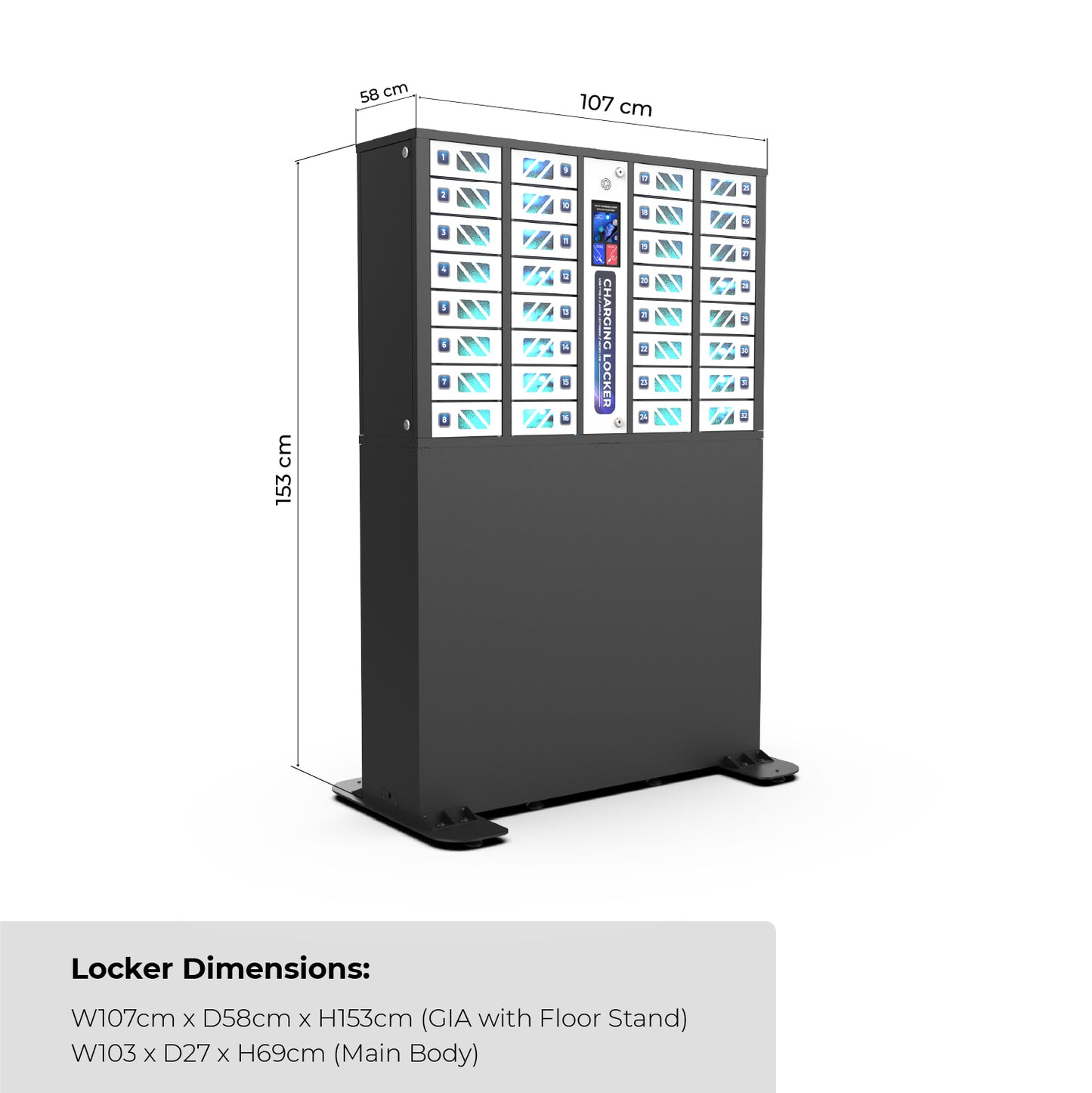 GIA 32 Bay Touchscreen Cell Phone Charging Locker with Full base floor stand